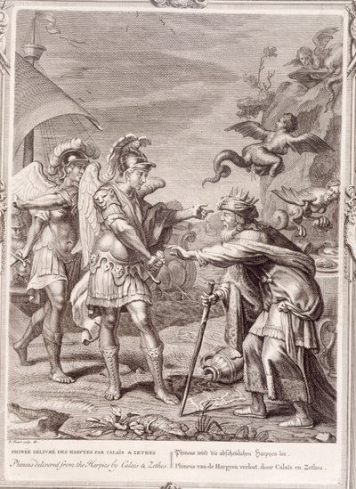 Phineus wird von den Harpyien durch Calais und Zethes befreit, 1731 von Bernard Picart