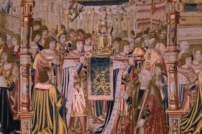 Flämischer Wandteppich. Serie Die Legende der Madonna von Sablon. Die Ankunft der Statue der Madonna. Herstellung Brüssel. Zeichner Barend van Orley. von Bernard van Orley