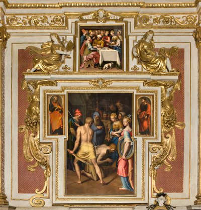 Kapelle Unserer Lieben Frau vom Volk, Zweites nördliches Joch, Enthauptung des Täufers 1569, An den Seiten St. Peter und St. Paul 1520-30, Festmahl des Herodes 1569 von Bernardino Campi
