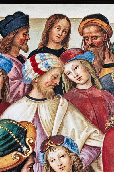 Die Piccolomini-Bibliothek, Nordostwand: Aeneas Sylvius hält eine Rede vor König Jakob I. von Schottland, Winter 1435 von Bernardino di Betto Pinturicchio