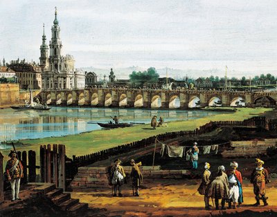 Dresden vom rechten Elbufer flussaufwärts von der Augustusbrücke, um 1750, von Bernardo Bellotto, bekannt als Canaletto, (Detail) von Bernardo Bellotto
