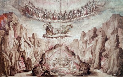 Entwurf für das Dekor und die Maschinen eines Intermezzos, Le Tromphe de Circe. Zeichnung von Bernardo Buontalenti genannt delle Girandole (ca. 1523-1608) Paris, Louvre Museum von Bernardo Buontalenti