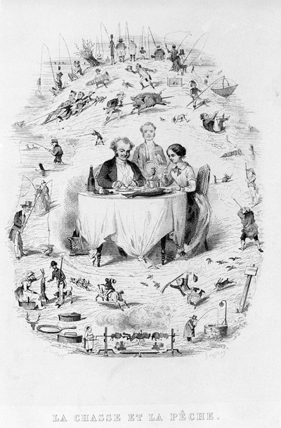 Jagd und Fischerei: Ein Paar im Restaurant vor einem Gericht aus Fisch und Fleisch, umgeben von verschiedenen Jagd- und Fischereimethoden. Die Physiologie des Gout von Brillat-Savarin, illustriert von Bertall. Paris 1840. Jean Anthelme Brillat von Bertall