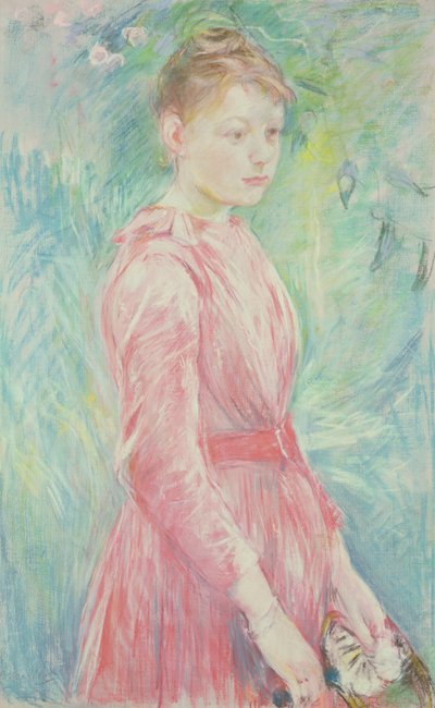 Junges Mädchen in einem rosa Kleid (Pastell auf Papier) von Berthe Morisot