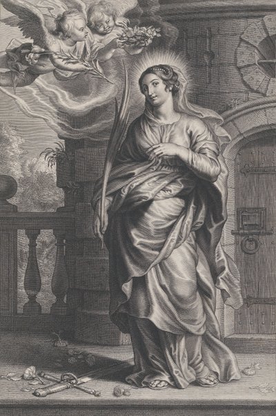 Heilige Barbara mit Palmblättern, einem Schwert und Blumen zu ihren Füßen, zwei Putti, ca. 1625-59 von Boetius Adams Bolswert