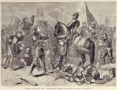 Schlacht von Bosworth Field. Lord Stanley bringt die Krone von Richard III zu Richmond (1485): Ende des Rosenkrieges - in Cassell