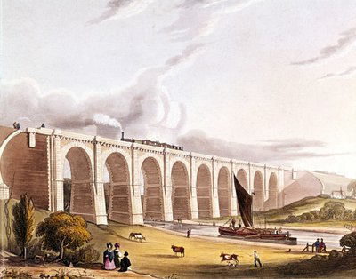 Industrielle Revolution: Ansicht des Eisenbahnviadukts über das Sankey-Tal. Platte aus „Liverpool & Manchester Railway“, London 1832. von British School