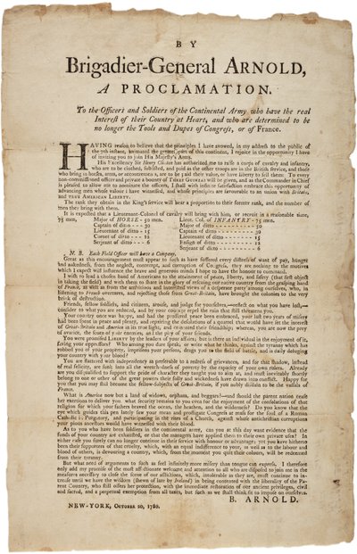 Proklamation an die Offiziere und Soldaten der Kontinentalarmee, 20. Oktober 1780 von British School