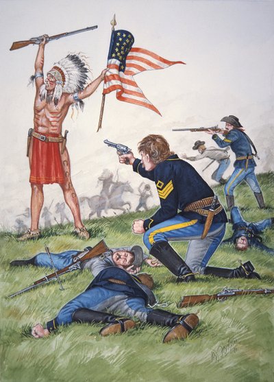 Ein Sioux-Krieger gegen das 7. US-Kavallerieregiment in der Schlacht am Little Bighorn, 25. Juni 1876, aus einer Serie von sechs Tableaus von Bryan Fosten