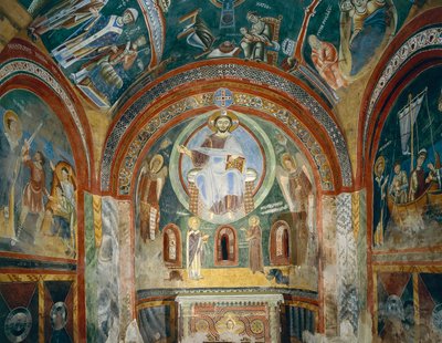 Kapelle des Heiligen Eldrad und des Heiligen Nikolaus mit romanischen Fresken im byzantinischen Stil, Spätes 11. Jahrhundert, Abtei von Novalesa, Piemont, Italien von Byzantine