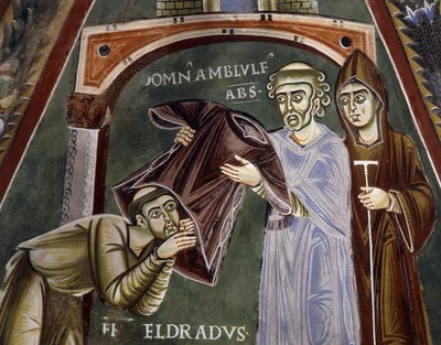 Der heilige Eldrad kehrt von Santiago de Compostela zurück und erhält das Ordensgewand vom Abt von Novalesa, Geschichten aus dem Leben des heiligen Eldrad, romanisches Fresko, byzantinischer Stil, Kapelle des heiligen Eldrad und des heiligen Nikolaus, Abte von Byzantine