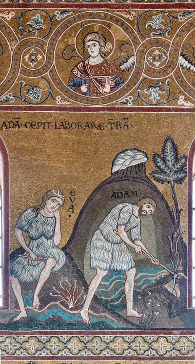 Die Arbeiten und das Werk von Adam und Eva, byzantinisches Mosaik, Alttestamentlicher Zyklus-Irdisches Paradies, XII-XIII Jahrhundert von Byzantine