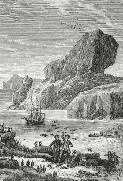 Entdeckung von Australfrankreich (Kerguelen-Inseln) durch den französischen Entdecker Yves-Joseph de Kerguelen-Tremarec (1734-1797), Februar 1772, Gravur, Indischer Ozean, Französische Süd- und Antarktisgebiete von J.B. and Brown J. Rowbotham
