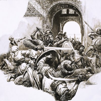 Die mittelalterliche maurische Festung von Mallorca unter Angriff von C.L. Doughty