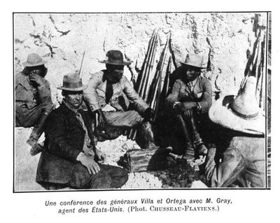 Treffen der Generäle Villa (ca. 1877-1923) Ortega und des amerikanischen Vertreters, Mr. Gray von C. Chusseau Flaviens