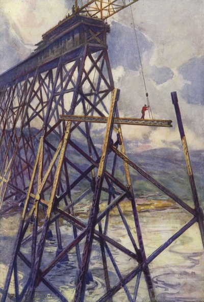 Stahlverlegung der Battle River Viadukt der Grand Trunk Pacific Railway, Kanada (Farblithografie) von C. Dudley Tennant