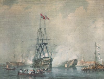HMS Victory feuert einen königlichen Salut im Hafen von Portsmouth, aus British Adventure veröffentlicht von Collins, 1947 von C. J. M. Whichello