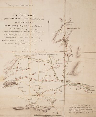 Eine militärische Karte der Märsche und Lager des großen Heeres unter dem Kommando von Generalmajor Medows vom 26. Mai bis 14. Dezember 1790 von C. Mackenzie