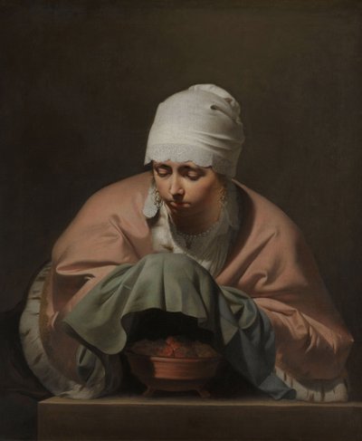 Eine junge Frau wärmt ihre Hände über einem Kohlenbecken: Allegorie des Winters von Caesar van Everdingen