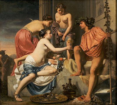 Bacchus auf einem Thron - Nymphen bieten Bacchus Wein und Früchte an von Caesar van Everdingen