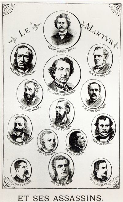 Louis Riel (1844-85) und seine Mörder, Illustration aus Le Gibet de Regina, veröffentlicht 1886 von Canadian School