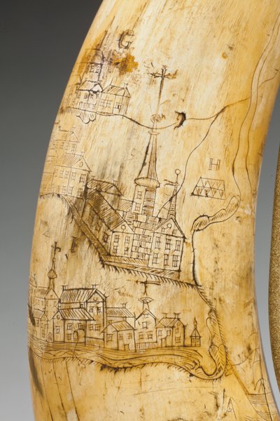 Pulverhorn, graviert mit einer Karte des Sankt-Lorenz-Stroms im Gebiet von Quebec, ca. 1759 von Canadian School