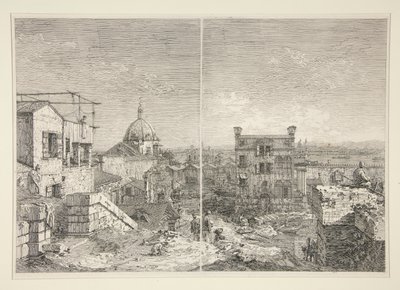 Das Haus mit der Inschrift: MDCCXLI. A. C. und Das Haus mit dem Peristyl und sechs Säulen, aus der Serie Vedute (Ansichten) von Canaletto (Giovanni Antonio Canal)