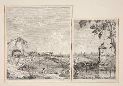 Der Wagen überquert eine Brücke [und] Das kleine Denkmal (unter einem Baum), aus der Serie Vedute von Canaletto (Giovanni Antonio Canal)