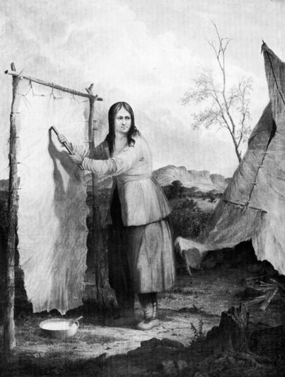 Indische Frau, die ein Hirschfell bearbeitet, 1868 von Captain Seth Eastman