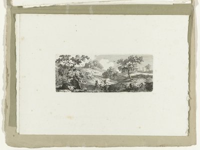 Reisende bei einem Bach in hügeliger Landschaft von Carl August Lebschee
