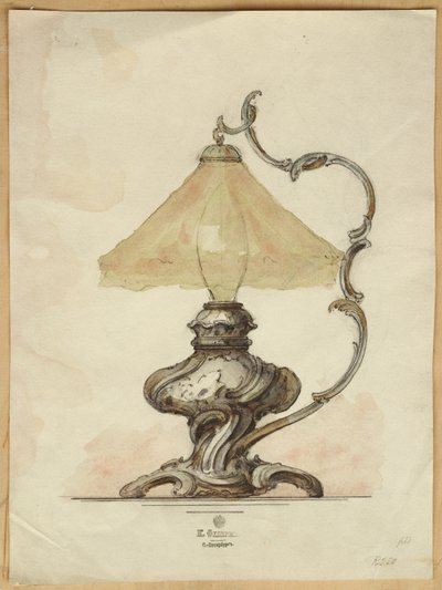 Zeichnung einer silbernen Tischlampe mit verdrehtem, gerilltem Körper im Rokoko-Stil, Haus von Carl Fabergé von Carl Fabergé