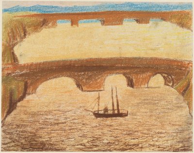 Lange Steinbrücken über Fluss mit einem Schiff von Carl Fredrik Hill