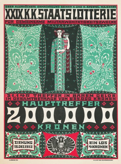 Plakat zur Werbung für die 24. königlich österreichische Wohltätigkeitslotterie im Jahr 1912 von Carl Krenek
