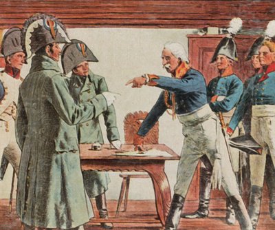 Blüchers Kapitulation bei Ratkau, 7. November 1806 (verstärkte Farblithografie) von Carl Rochling