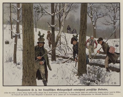 Preußische Soldaten entkommen der französischen Gefangenschaft, Januar 1807 (Farblithografie) von Carl Röchling