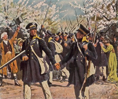 Die Landwehr zieht in den Befreiungskrieg, Frühling 1813 (verstärkte Farblithografie) von Carl Rochling