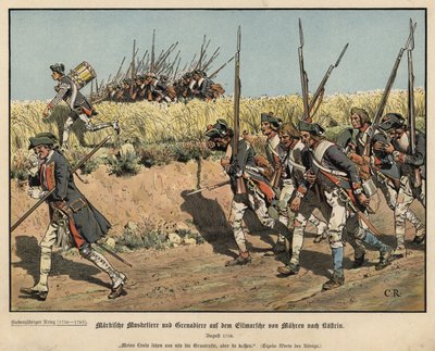 Preußische Musketiere und Grenadiere auf dem Marsch von Mähren nach Küstrin von Carl Röchling