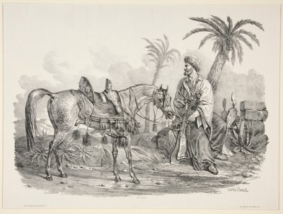 Sitzender Araber, der das Zaumzeug eines arabischen Pferdes hält von Carle Vernet