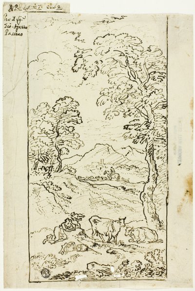 Hügelige Landschaft mit Kühen und Hirten im Vordergrund von Carlo Antonio Tavella