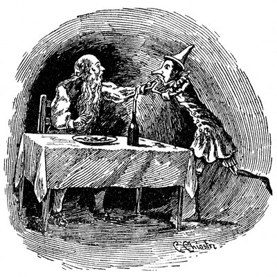 Illustration von Pinocchio von Carlo Chiostri (1863-1939), einem der ersten italienischen Illustratoren von Collodis Werk. Die Holzpuppe findet seinen Vater Gepetto im Bauch des Hais, der sie verschluckt hat. von Carlo Chiostri