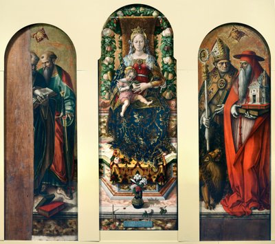Madonna mit Kind und den Heiligen Petrus und Paulus, Ansovino und Hieronymus von Carlo Crivelli