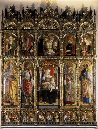 Polyptychon mit einer Pietà und im unteren Teil eine Madonna mit Kind von Carlo Crivelli