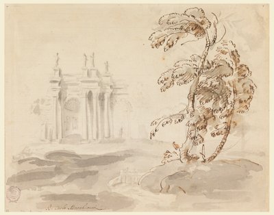 Zeichnung, Baum in Landschaft mit Gebäude, 1756–78 von Carlo Marchionni