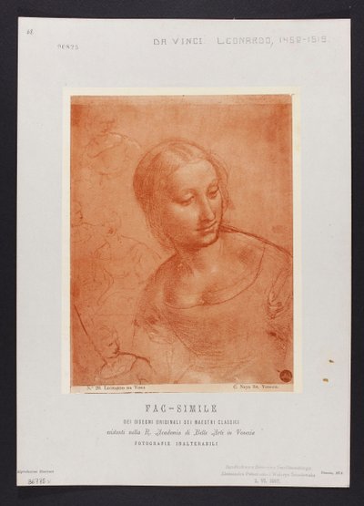 Studie eines weiblichen Büstenbildes, Zeichnung von Leonardo da Vinci (1452-1519) aus der Sammlung der R. Accademia di Belle Arti in Venedig; Tafel aus der Mappe: "Fac-simile dei disegni originali dei maestri classici esistenti nella R. Academia di Belle A von Carlo Naya