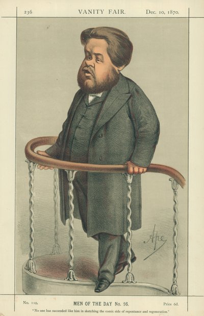 Der Rev Charles Spurgeon, Niemand hat es wie er geschafft, die komische Seite der Reue und Erneuerung zu skizzieren, 17. Juli 1880, Vanity Fair Karikatur von Carlo Pellegrini