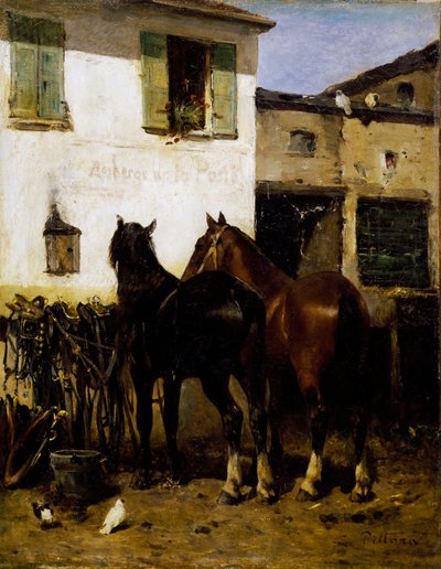 Postpferde, Gemälde von Carlo Pittara (1836-1891), Öl auf Leinwand, 41x32 cm, Italien von Carlo Pittara