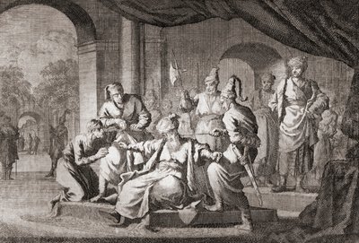 Adliger mit einer Seidenschnur erdrosselt. Osmanisches Reich von Caspar (after) Luyken