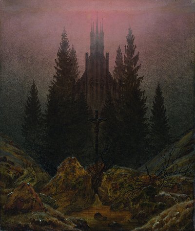 Kreuz und Kathedrale in den Bergen von Caspar David Friedrich