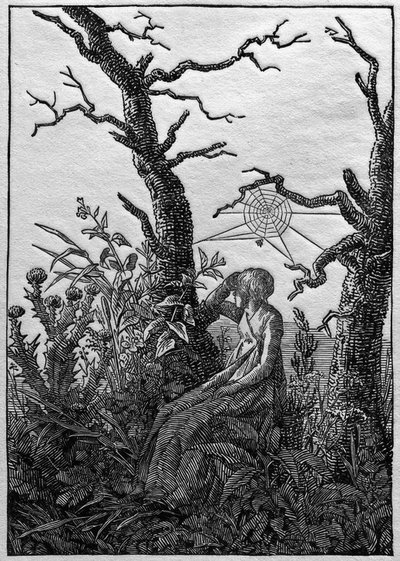 Die Frau mit dem Spinnennetz zwischen kahlen Bäumen von Caspar David Friedrich