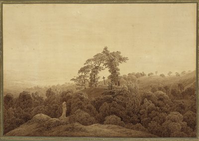 Küstenlandschaft mit Kreuz und Statue von Caspar David Friedrich